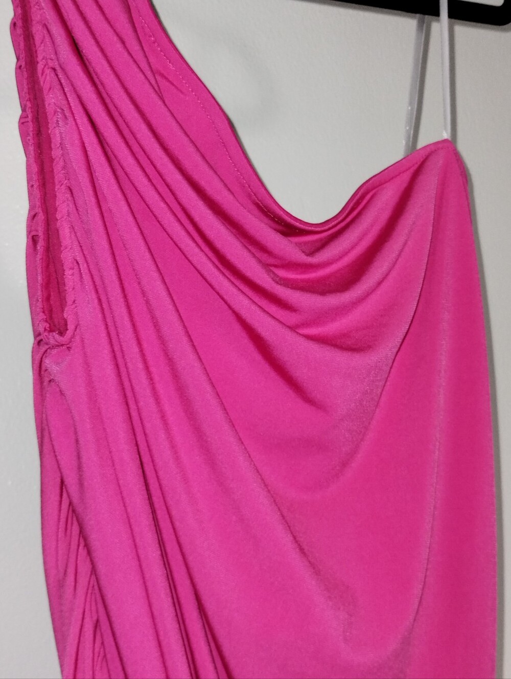 Asymmetric One-Shoulder Draped Dress in Hot Pink